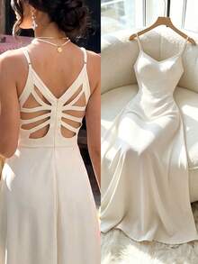 Elenzga New Summer Backless Bowknot Hollow Strap Dress, Elegant Satin Dress For Spring/Summer Travel, Countryside Vacation - Apricot - View 4