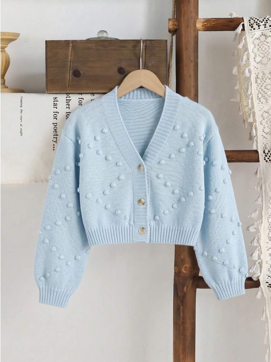 SHEIN Vintaside Kids 女童秋冬時尚極簡特製針織長袖開襟毛衣 - 淺藍色 - 查看 1