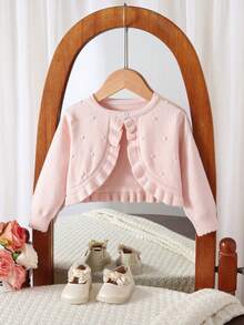 SHEIN Vintaside Kids 女嬰粉色針織開襟毛衣，柔軟舒適輕盈外搭層，前襟荷葉邊蝴蝶結設計，可愛經典款，適合嬰兒與幼兒 - 粉色 - 查看 1