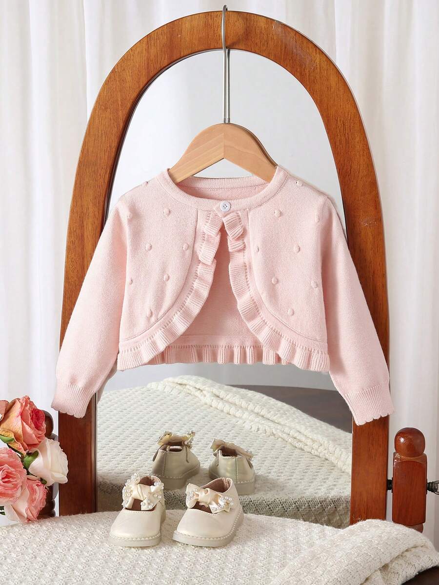 SHEIN Vintaside Kids 女嬰粉色針織開襟毛衣,柔軟舒適輕盈外搭層,前襟荷葉邊蝴蝶結設計,可愛經典款,適合嬰兒與幼兒 - 粉色 - 查看 1