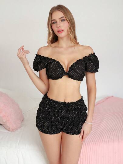 PetitDoll Cute Polka Dot Ruffle Crop Top And Pleated Shorts Summer Vacation Women's Lingerie Set 2pcs