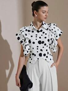 Revavyn Women's Blouse Slim Fit Waist Wide Silhouette Layered Ruffle Butterfly Sleeve Pointed Lapel Button Up Party White And Black Polka Dot Summer - Black and White - View 5