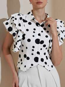 Revavyn Women's Blouse Slim Fit Waist Wide Silhouette Layered Ruffle Butterfly Sleeve Pointed Lapel Button Up Party White And Black Polka Dot Summer - Black and White - View 7
