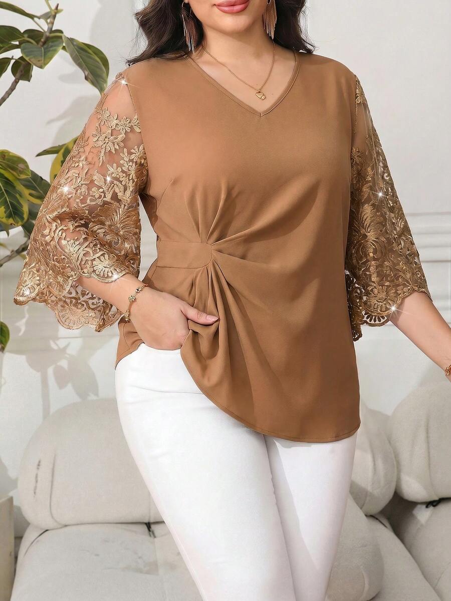 Reflora Blusa casual versátil de uso diario con patchwork de encaje y plisados para mujer de talla grande