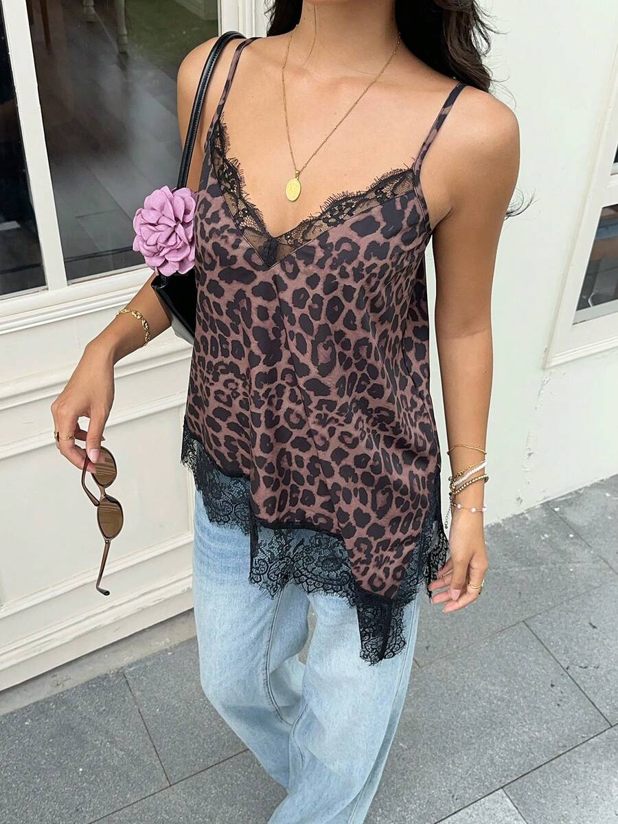 SHEIN Frenchy Women's Leopard Print Contrast Lace Fashion Sexy Camisole Going Out Night Out Party Brown Summer - Multicolor - View 1