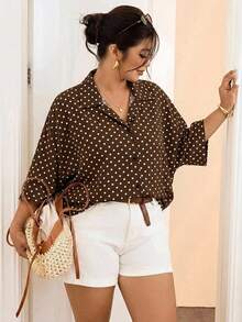SHEIN Frenchy Plus Size Women's Polka Dot Print Short Sleeve Single Breasted Casual Shirt Fall - Multicolor - View 3