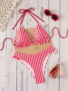 Swim Mod 女款夏季新款海灘泳裝度假休閒甜美紋理拼接條紋布料可愛荷葉邊飾精緻金屬海星貝殼吊墜性感露背繫帶兩件式比基尼泳衣套裝 - 彩色 - 查看 3