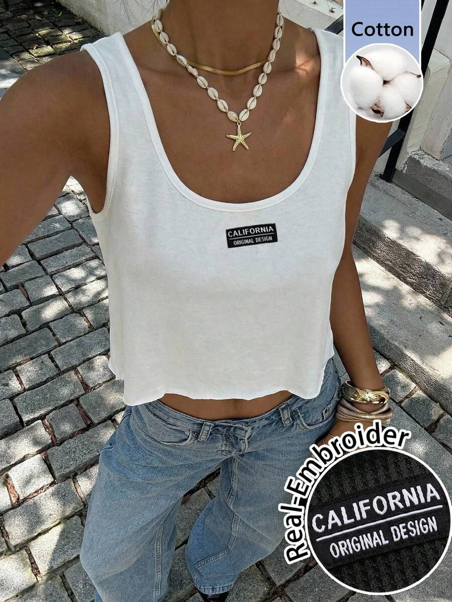 SHEIN EZwear 休閒極簡風真小刺繡 95%棉女款寬鬆短版大U領背心,適合春夏 - 白色 - 查看 1