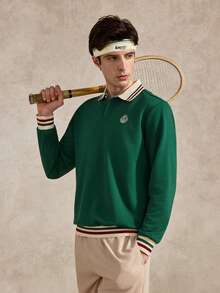 Courvante Tennis 男士深綠色休閒長袖 Polo 運動衫，對比飾邊領口，適合秋季、畢業季，運動風 90 年代風格 - 綠色 - 查看 5