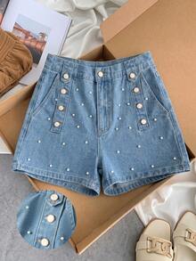 GlowEve CURVE Pantaloncini in denim casual con perline per donne taglie forti - Blu lavato medio - Visualizzare 1