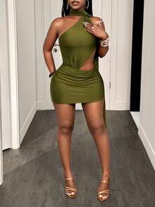 BamGleam Sexy Halter Neck Draped Ribbon Waist Cutout Bodycon Ruched Dress For Holiday Party Club Night And Banquet Olive Green Summer - Olive Green - View 4