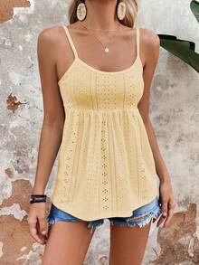 EMERY ROSE Women's Vacation Hollow Out Embroidered Ruffle Hem Casual Camisole - Yellow - View 6