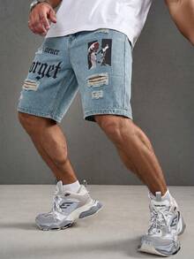 Manfinity LEGND Men's Fashion Versatile Letter Print Distressed Denim Shorts With Pockets - Light Wash - View 3