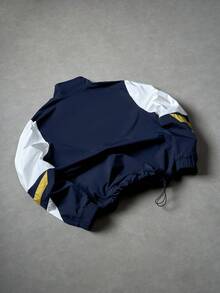 PAVTROS Men's Casual Stand Collar Half Zip Windbreaker,Navy And White Color Block Jacket With Letter Graphic,Drawstring Hem,Autumn Back-To-School Graduation - Navy Blue - View 2