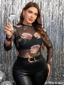 SHEIN Clasi 大尺碼女款花卉網紗立領長袖透視上衣 - 彩色 - 查看 9