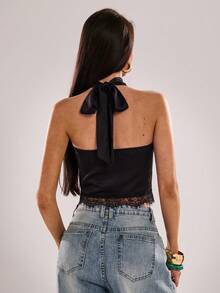 SHEIN BAE Women's Solid Color Contrast Lace Hem Draped Neck Tank Top - Brown - View 2