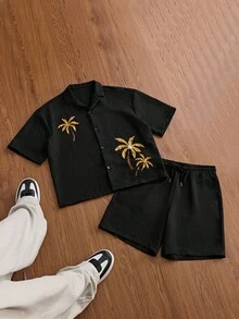 SWAVVY Men's Coconut Tree Print Shirt And Shorts Set - Black - View 3