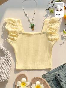 SHEIN 少女夏季休閒鏤空刺繡拼接T恤 - 黃色 - 查看 3