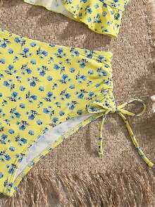 Swim Mod 女款夏季海灘度假清新花卉荷葉邊V領抽繩細肩帶比基尼 - 鵝黃色 - 查看 4