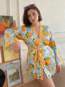 Chillnights Casual Vacation Fruit Plaid Color Block Geometric Print Satin Plus Size Robe - Multicolor - View 3