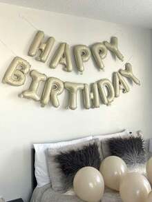MINKOJA 1件/13件組 16英吋 Happy Birthday 生日橫幅字母氣球，黑色、銀色、白色、棕色、奶油色多巴胺配色可選，主題生日裝飾，適用男女生日派對裝飾、居家派對背景、房間佈置（含充氣管與繩子） - Cream - 查看 1