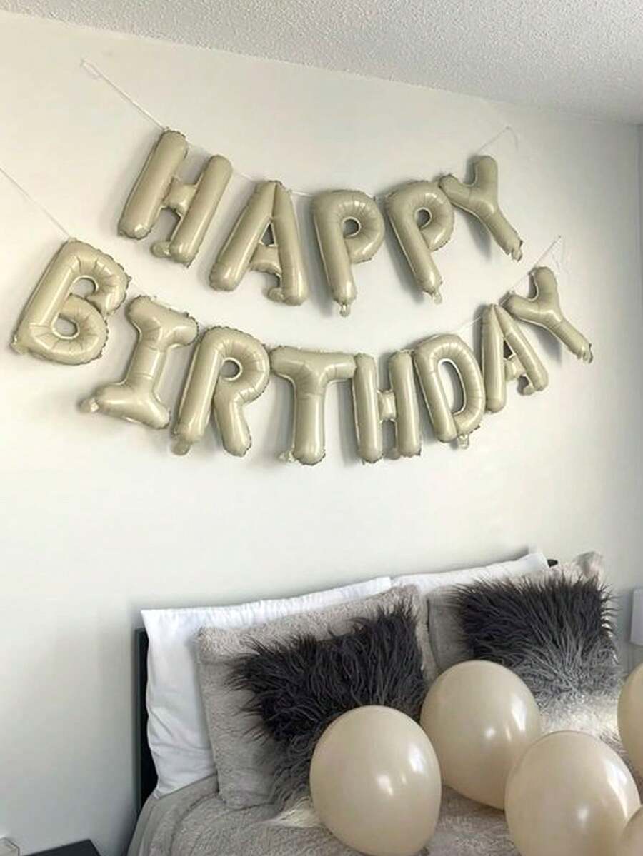 MINKOJA 1件/13件組 16英吋 Happy Birthday 生日橫幅字母氣球,黑色、銀色、白色、棕色、奶油色多巴胺配色可選,主題生日裝飾,適用男女生日派對裝飾、居家派對背景、房間佈置(含充氣管與繩子) - Cream - 查看 1