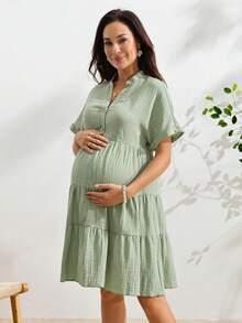 SHEIN Women's Short Sleeve Casual Ruched Mint Green Nursing Dress - Mint Green - View 3