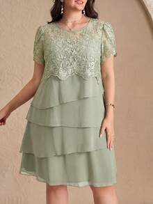 Reflora Vestido de verano elegante de talla grande con unicolor y patchwork de encaje - Verde - Ver 1