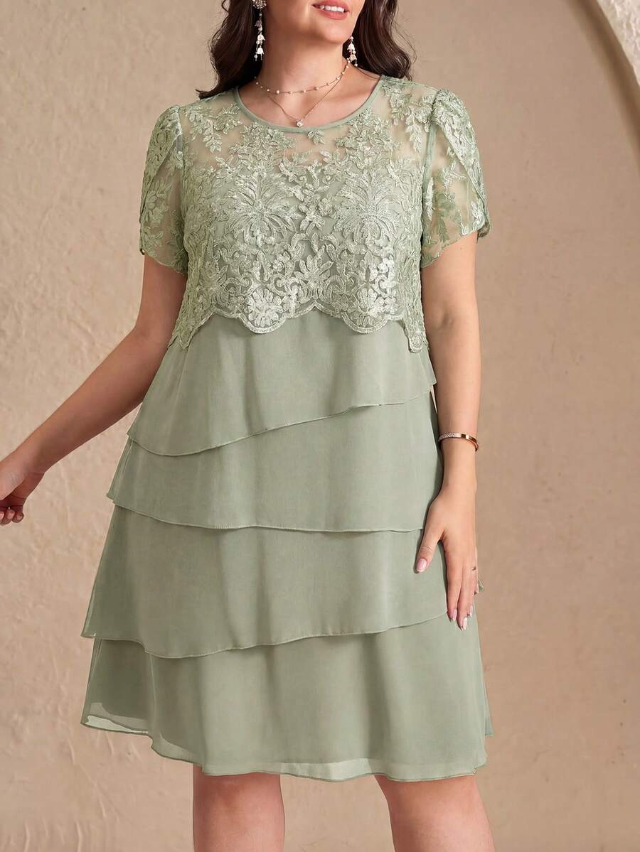 Reflora Vestido de verano elegante de talla grande con unicolor y patchwork de encaje - Verde - Ver 1