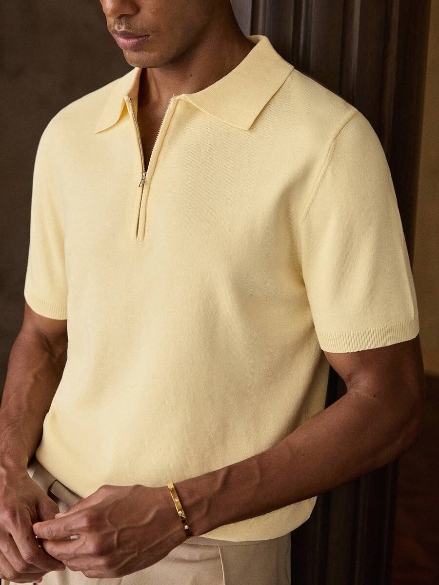 AKNOTIC Camiseta de punto de manga corta de unicolor para hombre - Amarillo claro - Ver 1
