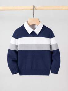 SHEIN 兒童小男孩拼接色圓領長袖休閒秋冬毛衣 - 彩色 - 查看 3