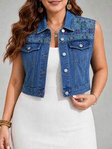 SHEIN LUNE Sexy Vacation Going Out Light Blue Printed Slit Slim Fit Outing Plus Size Denim Dress For Women - Medium Wash - View 1