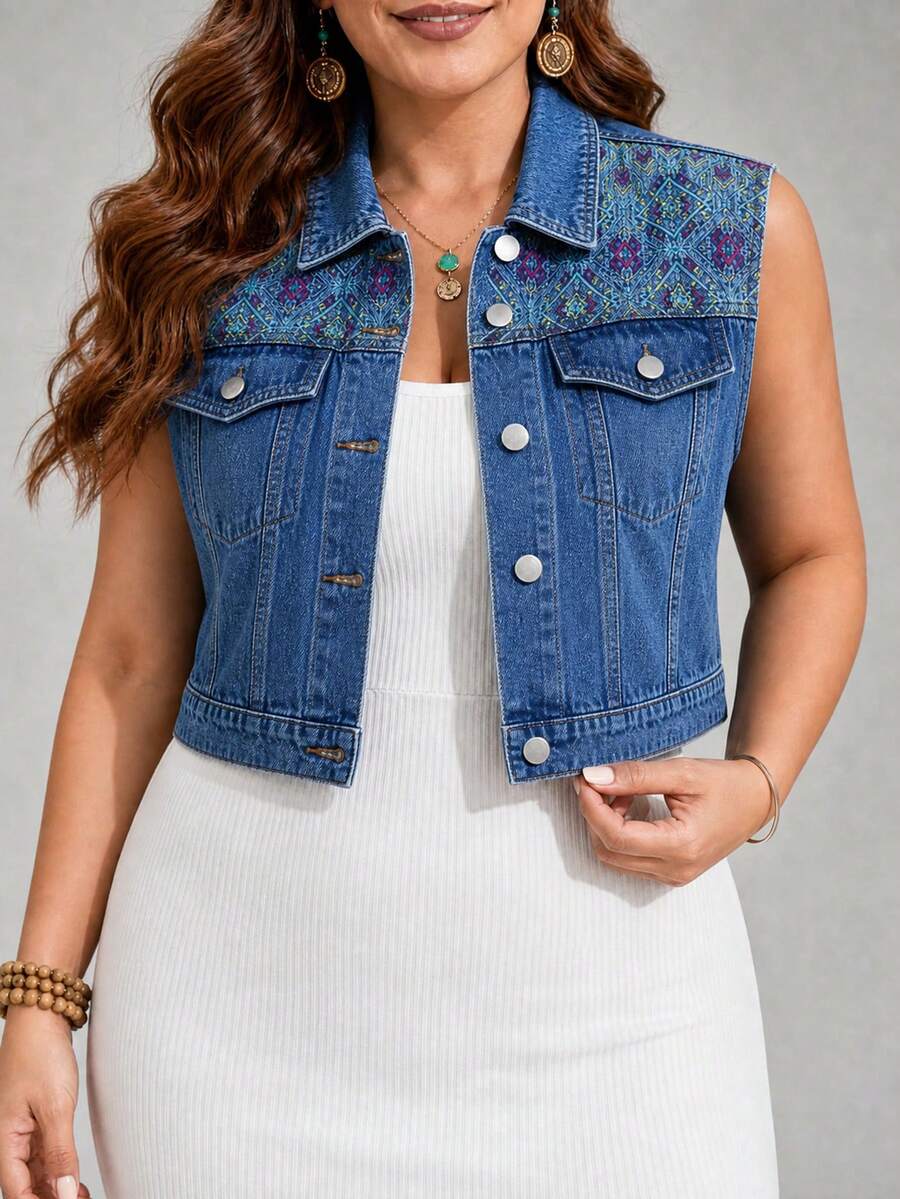 SHEIN LUNE Sexy Vacation Going Out Light Blue Printed Slit Slim Fit Outing Plus Size Denim Dress For Women - Medium Wash - View 1