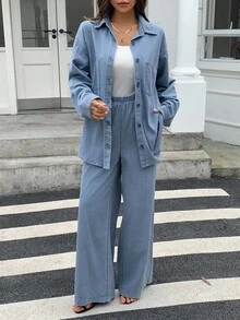 Dazy Tall Women's Lapel Long Sleeve Stitch Decor Open Front Shirt And Loose Straight Leg Pants Urban Casual Denim Set - Light Wash - View 4