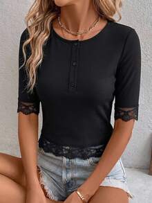 SHEIN Clasi Women's Solid Color Ribbed Crew Neck Button Decor Lace Trim High Elasticity Slim Fit T-Shirt, Casual Elegant Daily Inner Layer Date Black Summer - Black - View 8