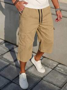 Manfinity Homme Men's Solid Color Drawstring Waist Casual Cargo 7/10 Pants - Khaki - View 5