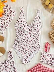 SHEIN Vacation Pool Party Beach Women Checkered Prints Simple Style Sexy Tropical One-Piece Swimsuit For Holiday White Floral Summer - Multicolor - View 1