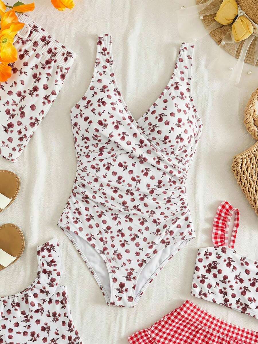 SHEIN Vacation Pool Party Beach Women Checkered Prints Simple Style Sexy Tropical One-Piece Swimsuit For Holiday White Floral Summer - Multicolor - View 1