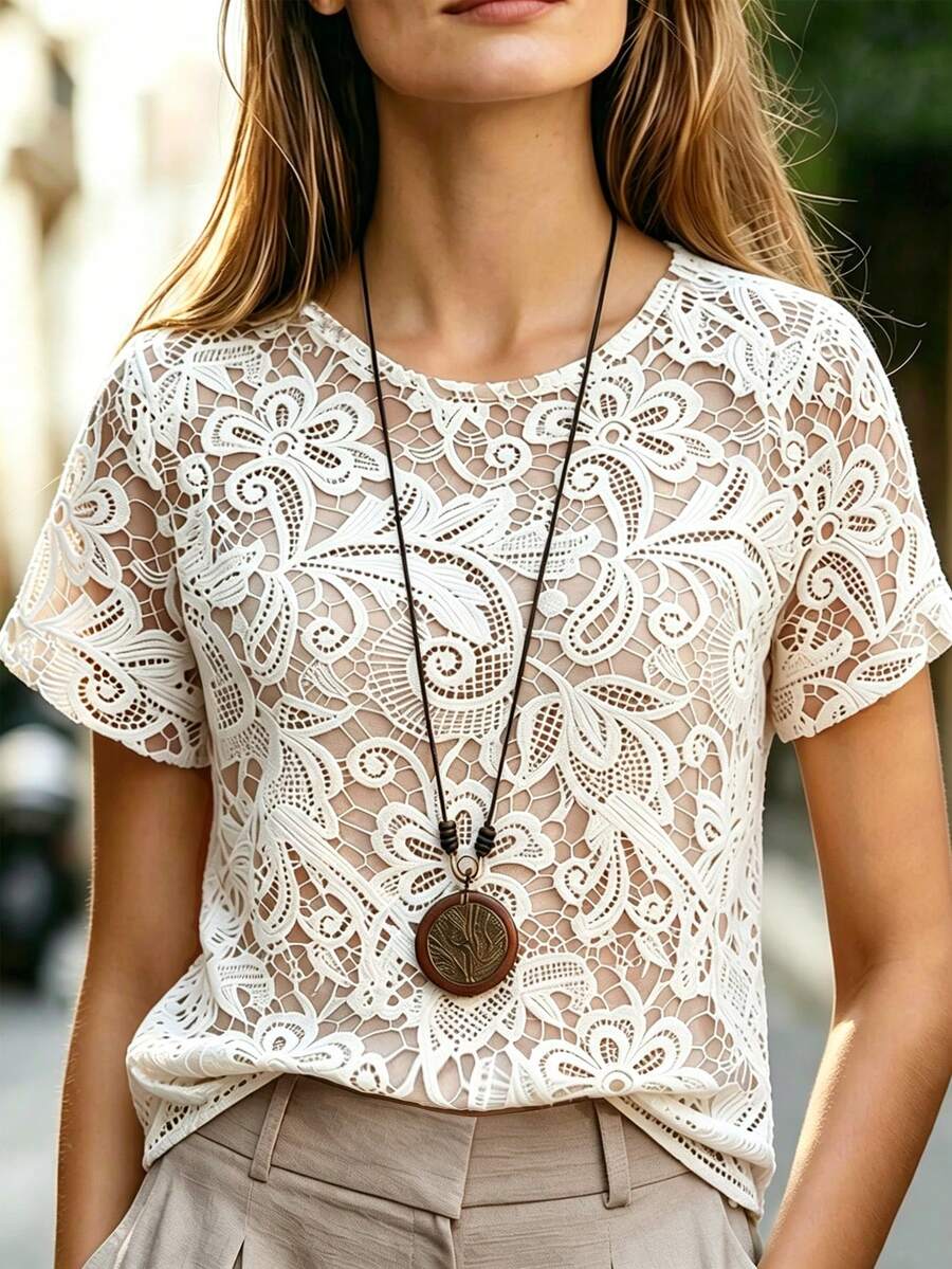 SHEIN Boho Elegant Sexy Women's Short-Sleeve Crew-Neck Shirt With Lace Floral Print Casual White Floral Summer Style Perfect For Tea Party Day Party Wedding - Apricot - View 1
