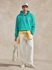 Courvante Men Slogan Graphic Kangaroo Pocket Drop Shoulder Hoodie, Fall, Long Sleeve Top, Tennis - Mint Blue - View 2