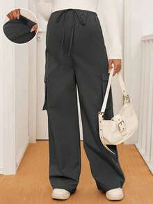 SHEIN Maternity Casual Versatile Solid Color Cargo Pants Fall - Dark Grey - View 3