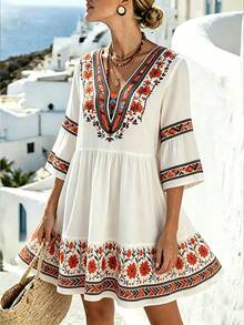 LanaWest Women's Orange Digital Positioning Print V-Neck Mid-Sleeve Patchwork Ruffle Loose High Waist A-Line Doll Dress Youthful Vintage Western Casual Dress LilyWest - Orange - View 6