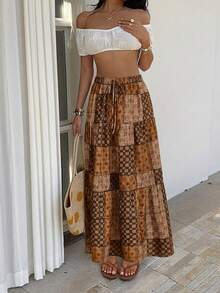 EMERY ROSE Women's Vintage Style Printed Simple Daily A-Line Skirt Fall - Coffee Brown - View 7