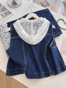 GlowEve CURVE Plus Size Women's Spring/Summer Single-Breasted Lace Patchwork Hooded Vest Jacket Button Pocket Long Pants Denim Two Pieces Set Navy Blue Casual - Dark Wash - View 2