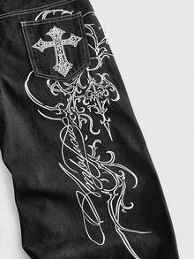 ROMWE MEN Jeans de corte holgado con patrón bordado para hombre - Negro - Ver 4