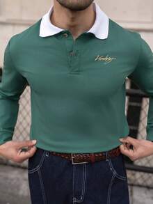 YOUESAWY YOUESAWY Men's Letter Print Contrast Color Long Sleeve Casual Polo Shirt Green Polo Shirt College Style Pattern Polo Men Long Sleeve Polo Shirt Rugby Shirt Polo Rugby Long Sleeve For Men - Dark Green - View 6