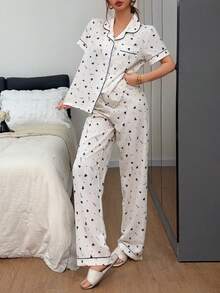 Napfluff Classic Lapel Heart Print Comfortable Home Pajama Set - Apricot - View 2