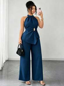 Elenzga Plus Size 2pcs Set: 1pc Spaghetti Strap Sleeveless Open Shoulder Cami With Small Stand Collar, Metal Buckle, Cinched Waist And Asymmetrical Draped Hem + 1pc Elastic Waist Straight Leg Wide Leg Pants, Fashionable Elegant For Street, Date, Commute, Spring/Summer, Party, Plus Size Women - Blue - View 5