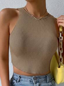 SHEIN PariChic 夏季休閒純色無袖短版針織上衣 - 卡其色 - 查看 6