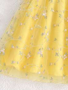 SHEIN Glamorique Kids 年轻女孩母亲节花童夏季花裙刺绣公主裙娃娃A字生日礼物派对节日夏装墨西哥儿童节多巴胺裙子 - 黃色 - 查看 5